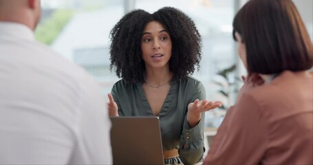 Financial advisor, couple and woman meeting with computer for asset management, loan offer and investment. Business agent talking and consulting with clients for insurance benefits, help and support