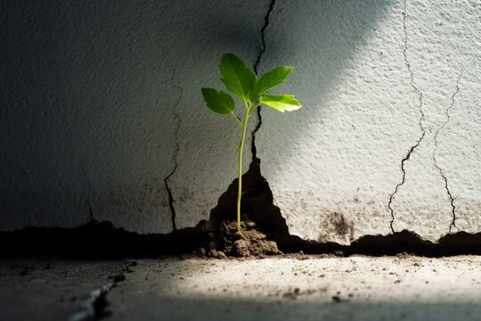 Conceptual image showing growth, resilience, and overcoming challenges in life or business with a green sprout emerging from cracked concrete and casting a shadow of a large tree. Generative AI