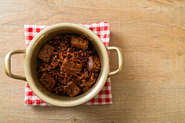 Jjapaguri or Chapaguri, Korean Black Beans Spicy Noodles with Beef