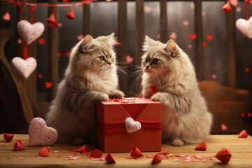 Image of adorable cats celebrating Valentine's Day with a card. Generative AI