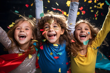 Children throwing confetti in the air with ecstatic expressions, Celebration and Victory 