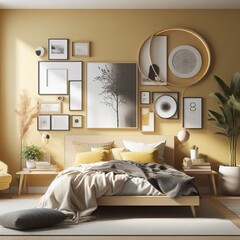 Bedroom Interior Design Mockup on a Yellow Wall Background