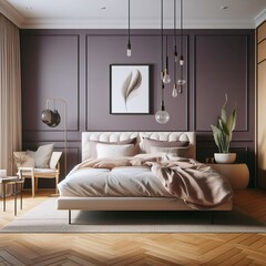 Bedroom Interior Design Mockup on a Purple Wall Background