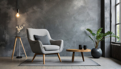 Style loft interior with gray armchair on dark cement wall