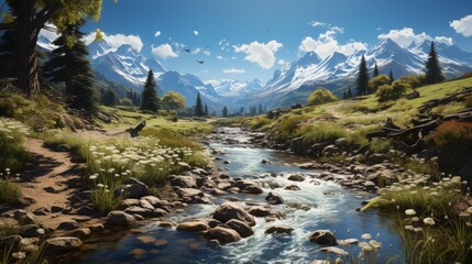 Captivating Natural Tapestry: Exploring the Majestic Harmony of Rivers, Mountains, and Forests in the Great Outdoors, generative AI