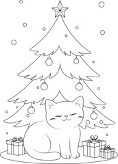 Coloring page a sleepy cat nestled by the Christmas tree. Christmas coloring book