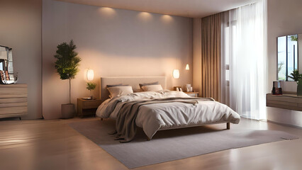 Fototapeta na wymiar Double Bed in a Contemporary Hotel Room: Luxury Furniture, Elegant Design, and Comfortable Interior