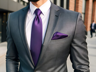 Grey suit and purple tie