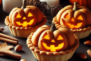 Mini pumpkin pies with jack o lanterns decoration