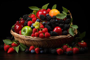 Basket Filled with Colorful Assorted Fruits on a Dark Background
