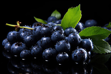 Fresh Wet Blueberries with Green Leaves on a Black Background