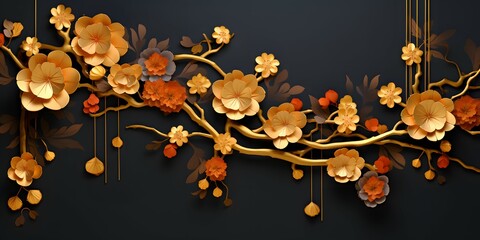 gold oriental flowers on blue background