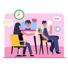 social network concept, people are chatting in the office. they have conversation about job. He is Interviewing at the new job