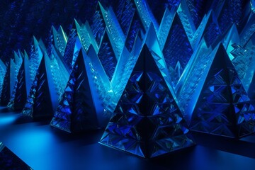 Glowing, modern material adorned with sharp, neon pyramids; lit with radiant, electric blue 3D patterns. Generative AI