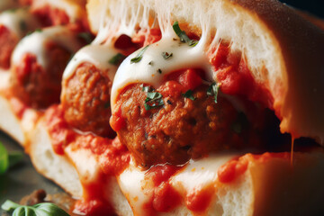 Meatball sub with tomato sauce and cheese - obrazy, fototapety, plakaty