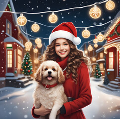 Winter street illustration of a beautiful girl with long curly hair and a Santa hat, holding a brown dog, with a snowy street behind her, a beautiful Christmas tree and Christmas lights.