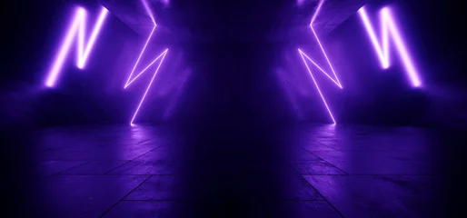 Sci Fi Futuristic Neon Cyber Glowing Ultraviolet Laser Thunderbolt Lights Concrete Grunge Room Underground Hangar Warehouse Stage Empty Space Glossy 3D Rendering © IM_VISUALS