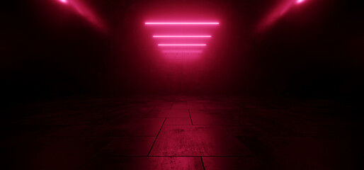Modern Sci Fi Neon Laser Purple Red Garage Hangar Ceiling Lights Glowing On Concrete Rough Floor Empty Background Alien Spaceship Warehouse Underground Tunnel Corridor 3D Rendering - obrazy, fototapety, plakaty