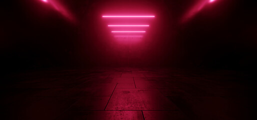 Modern Sci Fi Neon Laser Purple Red Garage Hangar Ceiling Lights Glowing On Concrete Rough Floor Empty Background Alien Spaceship Warehouse Underground Tunnel Corridor 3D Rendering