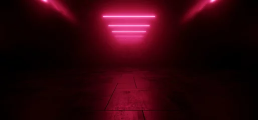 Modern Sci Fi Neon Laser Purple Red Garage Hangar Ceiling Lights Glowing On Concrete Rough Floor Empty Background Alien Spaceship Warehouse Underground Tunnel Corridor 3D Rendering © IM_VISUALS