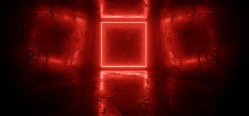 Futuristic Sci Fi Glowing Red Neon Laser Rectangle Frame Cyber Alien Spaceship Tunnel Corridor Cement Concrete Tiles Dark Underground Hangar Garage Stage Centered 3D Rendering © IM_VISUALS