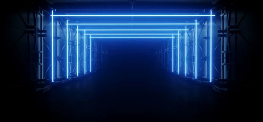 Sci Fi Futuristic Cyber Metal Walls Dark Room Garage Hangar Neon Blue Laser Lights Glowing Stage Underground Studio Showcase 3D Rendering © IM_VISUALS
