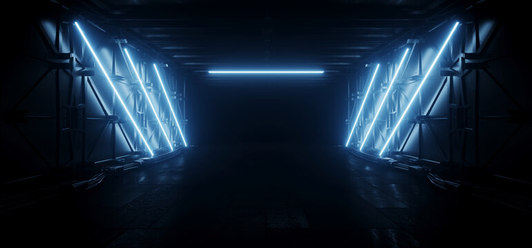 Sci Fi Futuristic Cyber Metal Walls Dark Room Garage Hangar Neon Blue Laser Lights Glowing Stage Underground Studio Showcase 3D Rendering