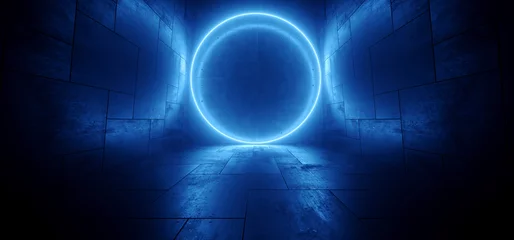 Futuristic Sci Fi Glowing Blue Neon Laser Circle Cyber Alien Spaceship Tunnel Corridor Cement Concrete Tiles Dark Underground Hangar Garage Stage Centered 3D Rendering © IM_VISUALS