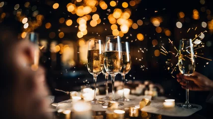 Foto op Canvas Vibrant nighttime celebration: joyful faces, champagne toasts, bokeh, and fireworks." (200 characters © AI Visual Vault