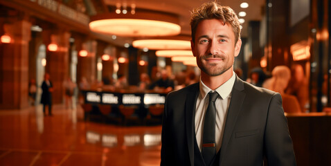 Fototapeta premium Portrait of a handsome young businessman standing in hotel lobby, looking at camera. Generative AI