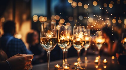A celebratory scene with glasses of sparkling champagne on a beautifully set table - obrazy, fototapety, plakaty