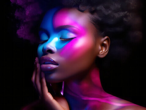 Fashion portrait of beautiful african american woman with neon makeup. Generative AI