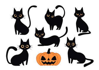 Obraz premium Set of various black cat silhouettes in different poses and emotions around an orange jack-o-lantern pumpkin, funny cartoon style, vector art