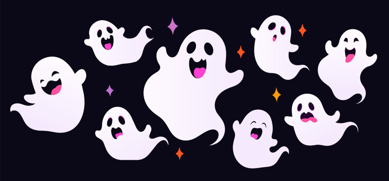 Set of cute funny ghosts with different poses and emotions in kids cartoon style, vector art