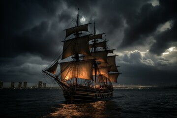 A ship illuminated with sails under a captivating dark sky. Generative AI