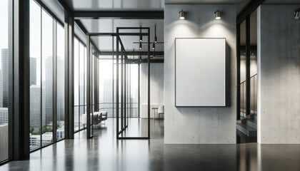 Modern loft office interior with empty poster on wall. Mockup. Generative AI
