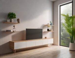 Tv shelf in modern empty room,minimal design.