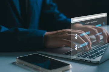 Chat robot ai assistant concept. Man command prompt to smart ai chatbot on virtual screen. Modern technology ai or artificial intelligence service on online website. Help solve various problems.