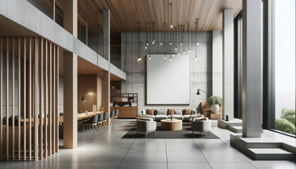 Interior of modern office waiting room with grey walls, tiled floor, panoramic windows and long wooden conference table with gray chairs. Generative AI