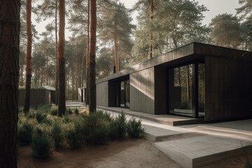 Sustainable shipping container transformed into a modern and minimalist restaurant, office or house amidst a pine tree forest. Generative AI
