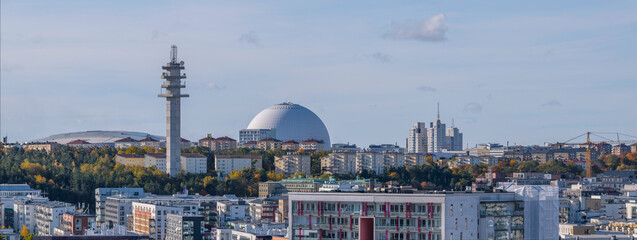 View over arenas and the Avicii globe arena, a sunny colorful autumn day in Stockholm 