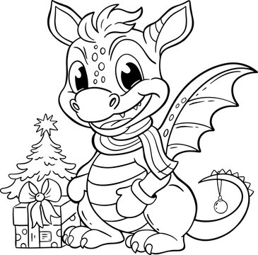 outline illustration with Christmas drago with a gift
