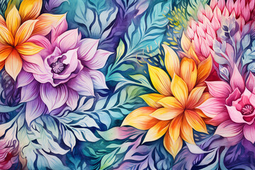 Fototapeta na wymiar Colorful yellow, violet, teal blue and green watercolor flower background