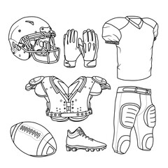 Vector illustration of american footbal equipment set hand drawn sketch, Containing helmet, gloves, Shoulder Pads, Practice Jersey, Pants, leather football and boots,  isolated on white background © didiwidjanarko