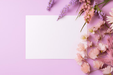 Top view of white blank paper list with flowers on pastel purple background, copy space