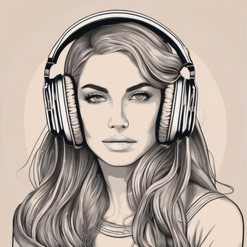 Young girl in headphones, light background. AI generated
