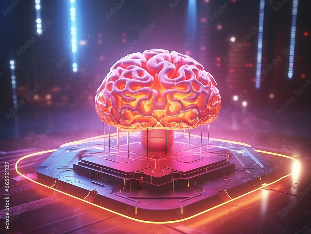 Aufkleber human brain on a futuristic background with neon lights. machine learning concept. generative ai