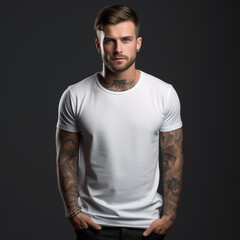 Young Model Shirt Mockup,Cool men Cool men model as mockup from front in white round neck shirt loose cut,tattoo on arm and stand loose,Shirt Mockup Template on hipster adult for design print