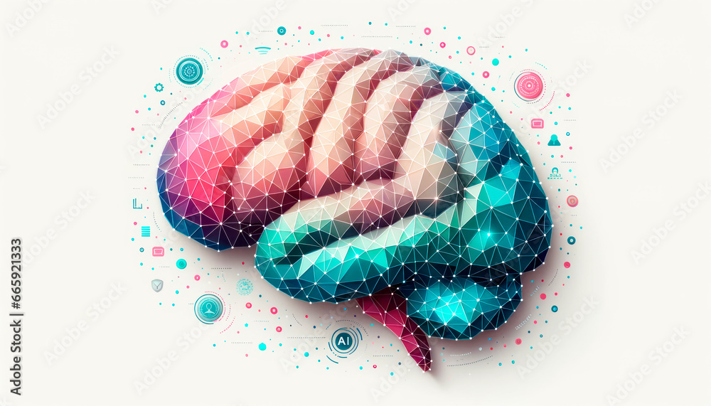 Poster abstract colorful human brain with geometric polygonal elements. generative ai
