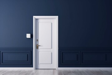 Navy blue wall banner with closed white door. 3D illustration. Generative AI
